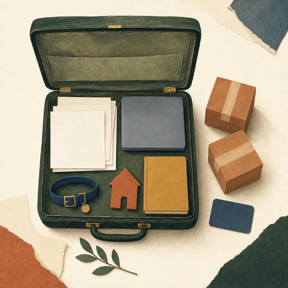 Painted open travel case containing documents, a laptop, pet collar, notebook, and house token.