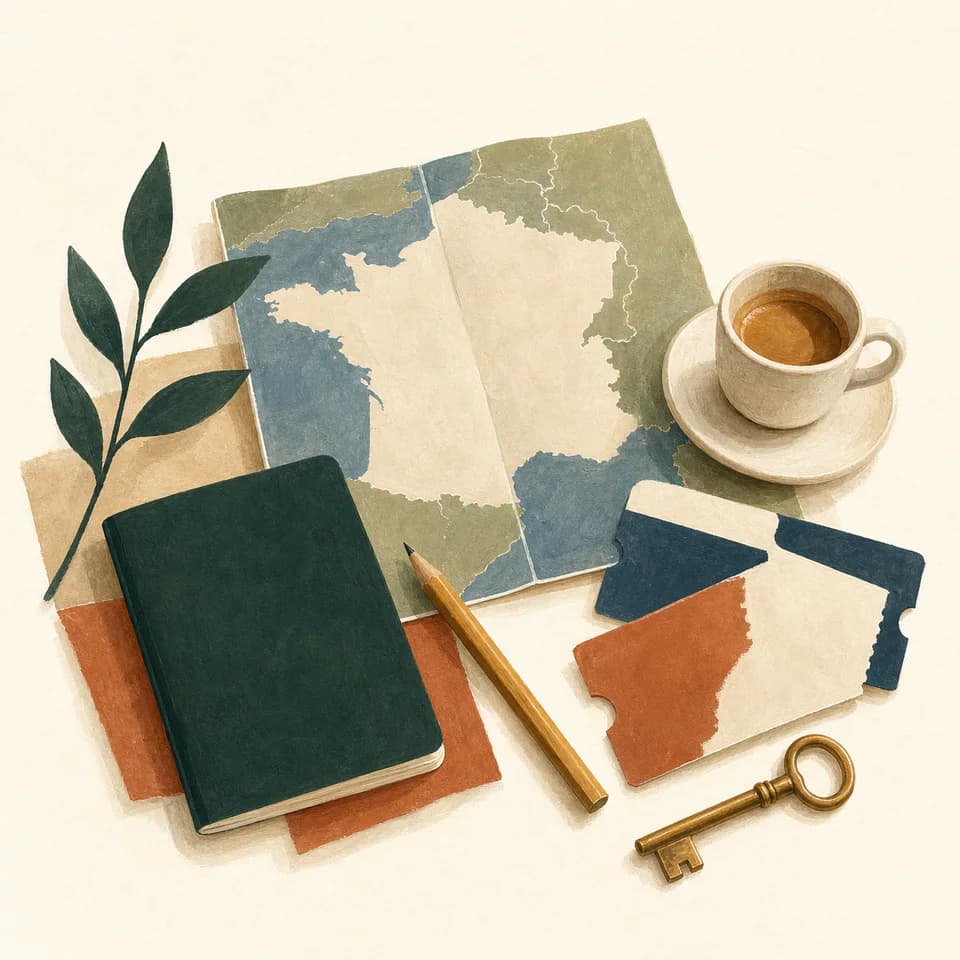 Painted still life of a France map, planning notebook, tickets, coffee, and a key.